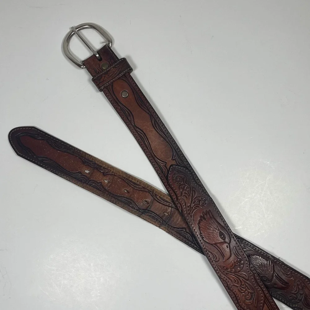 Vintage Silver Canyon Tooled Leather Eagle Belt Mens 40 Brown Western Cowboy